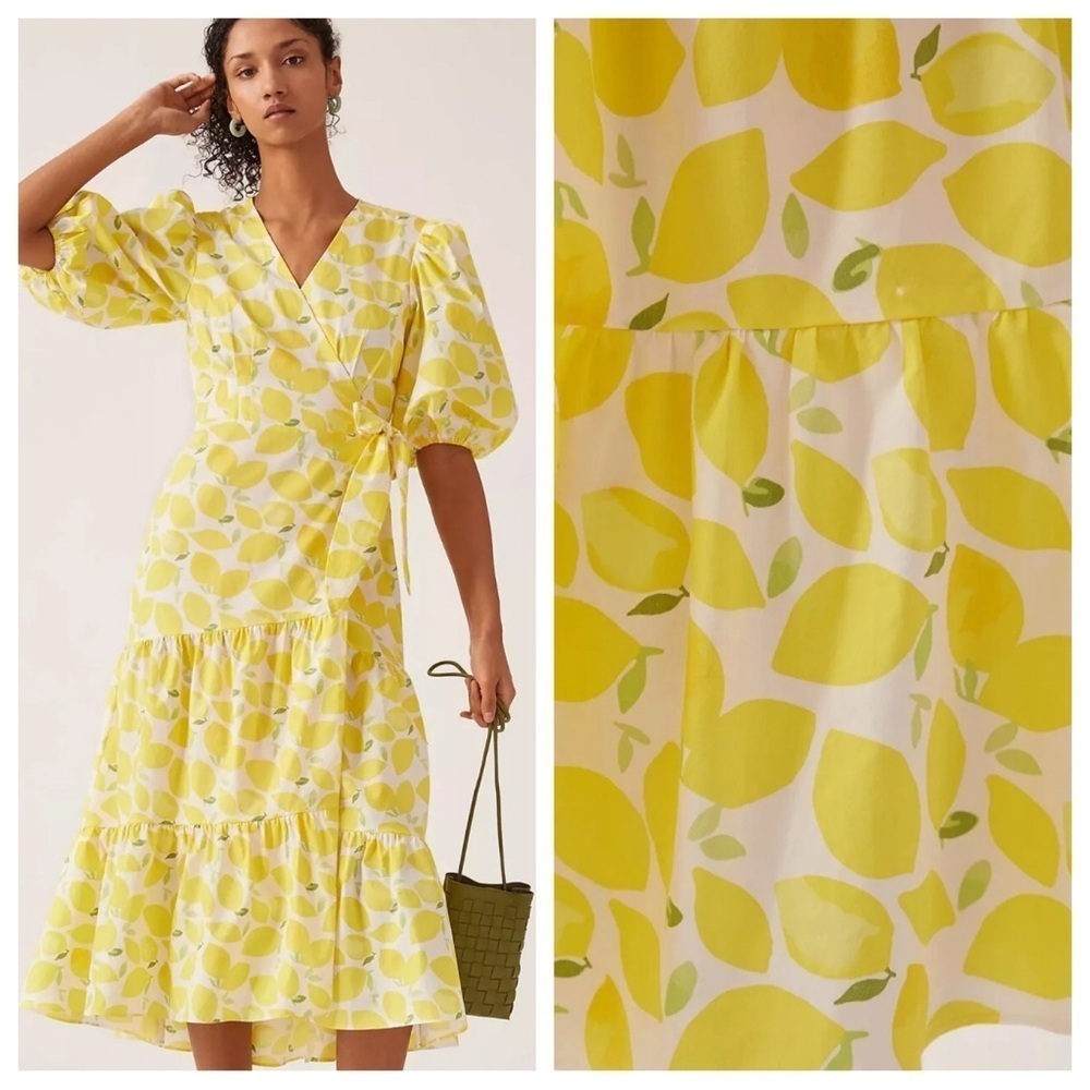 Anthropologie Hutch Lemon print V-Neck Tiered Wrap Midi Dress 37363